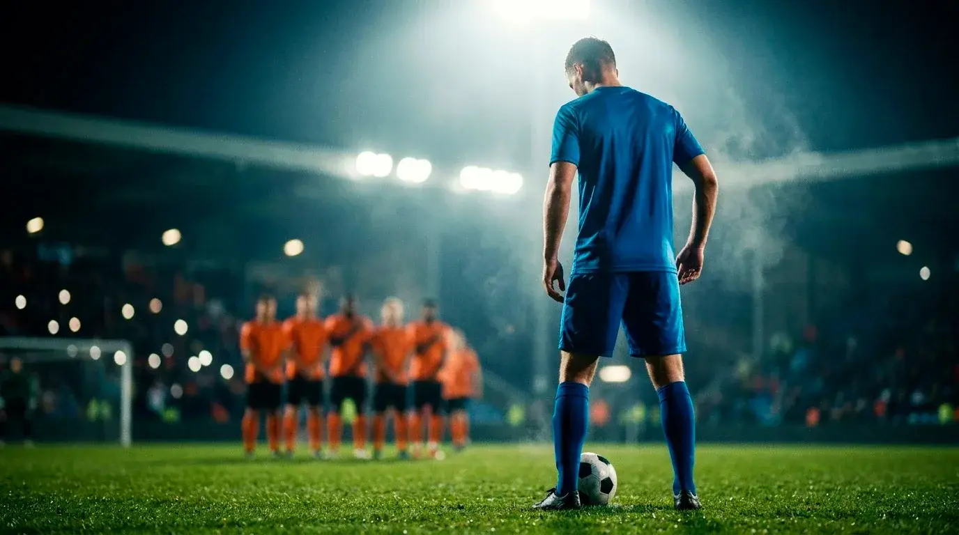 Joueur s'apprêtant à frapper un coup franc lors d'un match nocturne du Mondial 2026