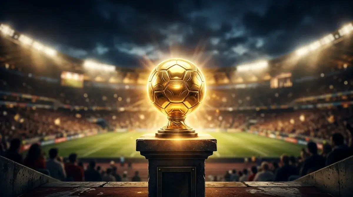 Ballon doré symbolisant le trophée de la Coupe du Monde sur fond de stade