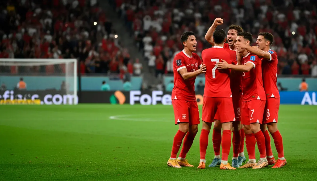 Joueurs de l'équipe nationale suisse célébrant une victoire en maillot rouge