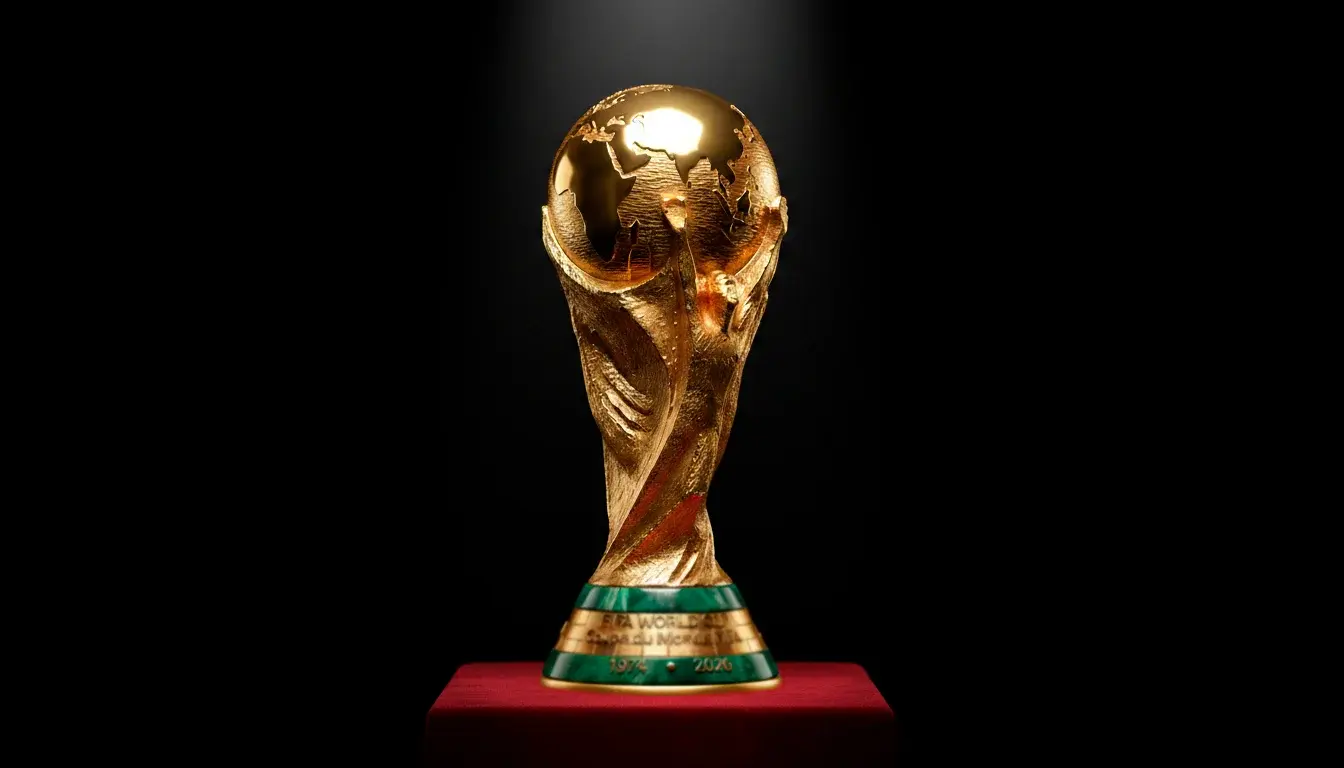 Trophée de la Coupe du Monde FIFA exposé avec les maillots des équipes favorites