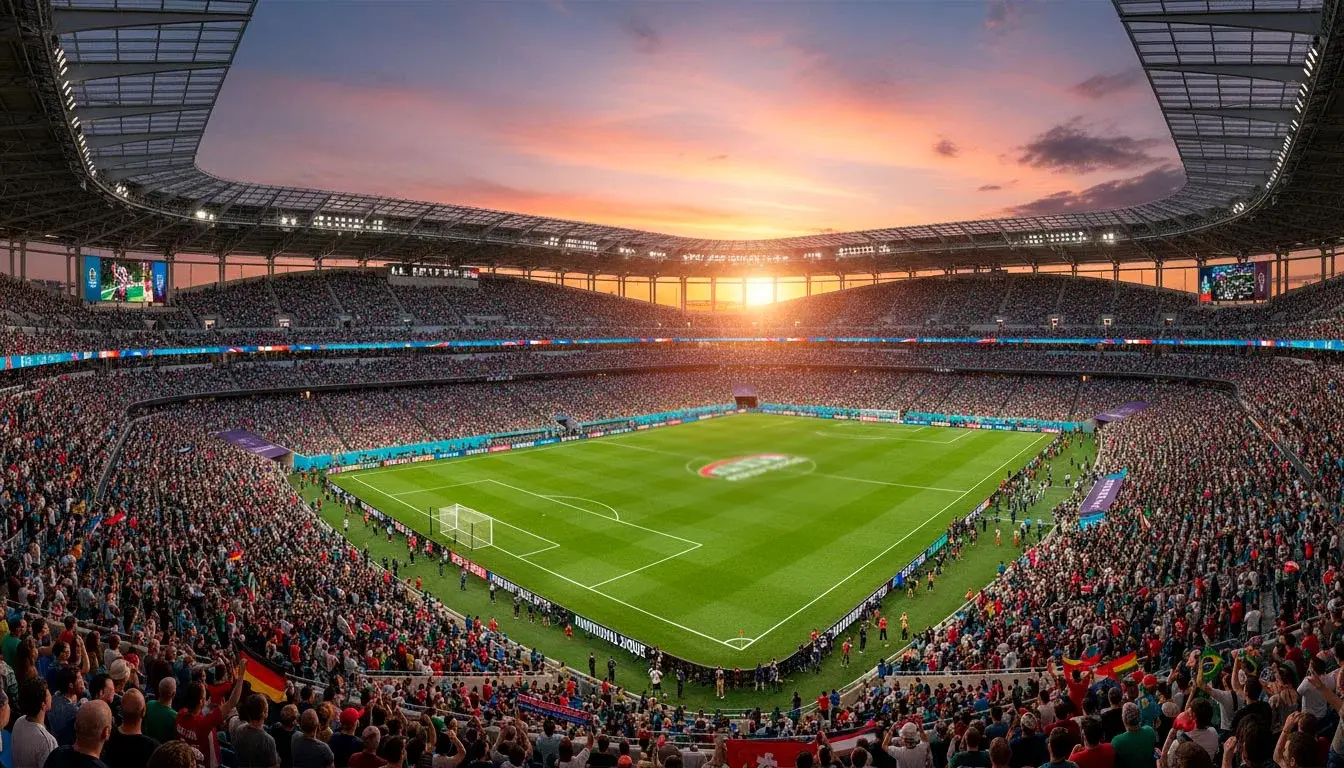 Stade américain illuminé pour la Coupe du Monde 2026 avec drapeaux des nations qualifiées