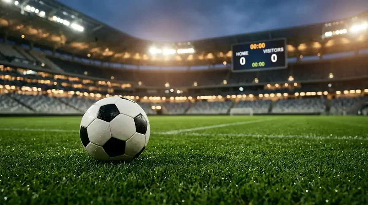 Ballon de football sur la pelouse d'un stade illuminé avant le coup d'envoi