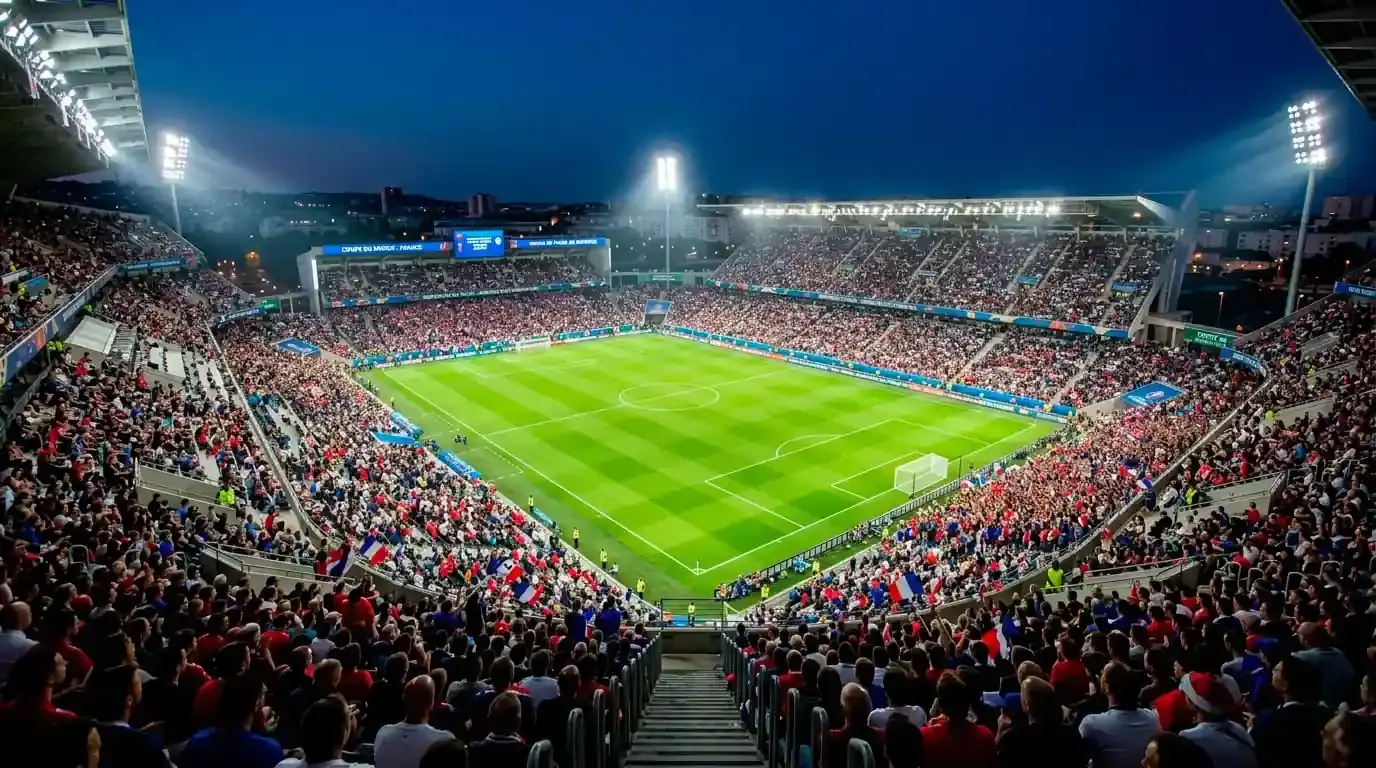 Vue d'un stade plein la nuit avant le coup d'envoi d'un match de Coupe du Monde 2026