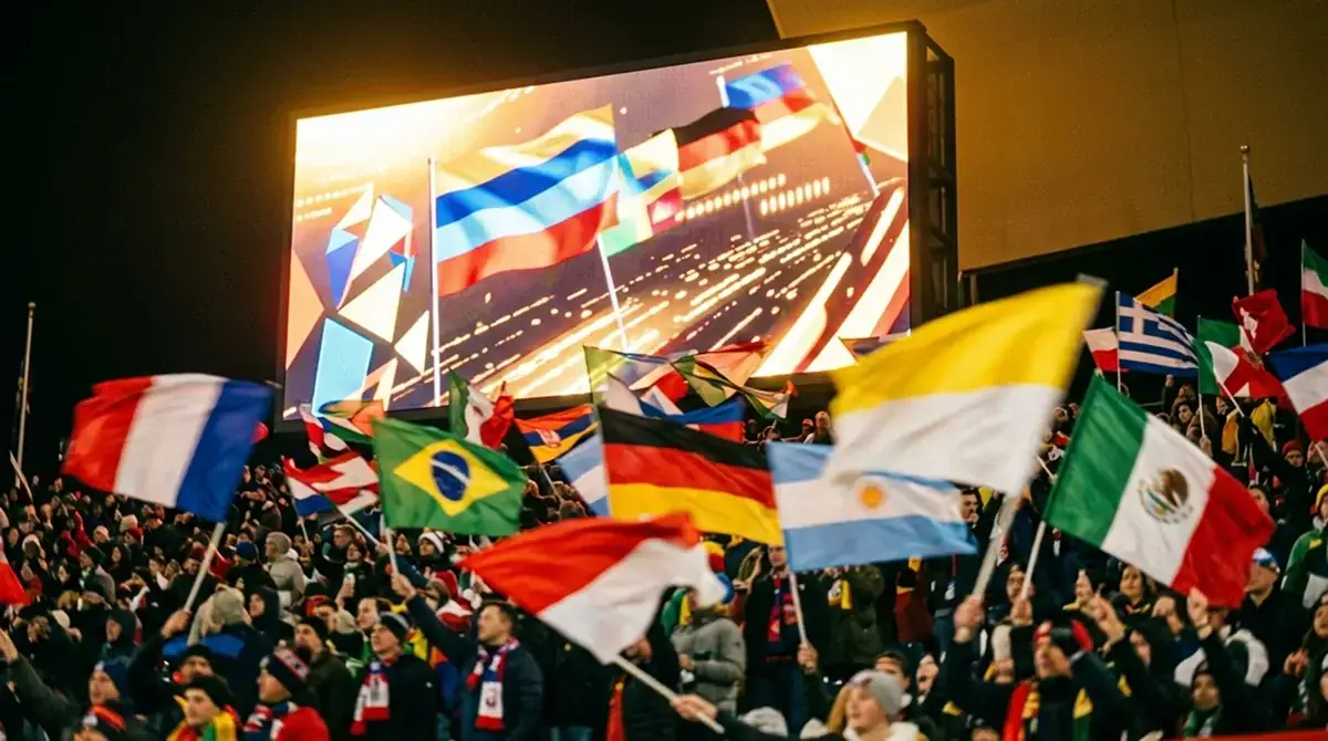 Tableau de scores et drapeaux des nations lors d'une soirée de Coupe du Monde