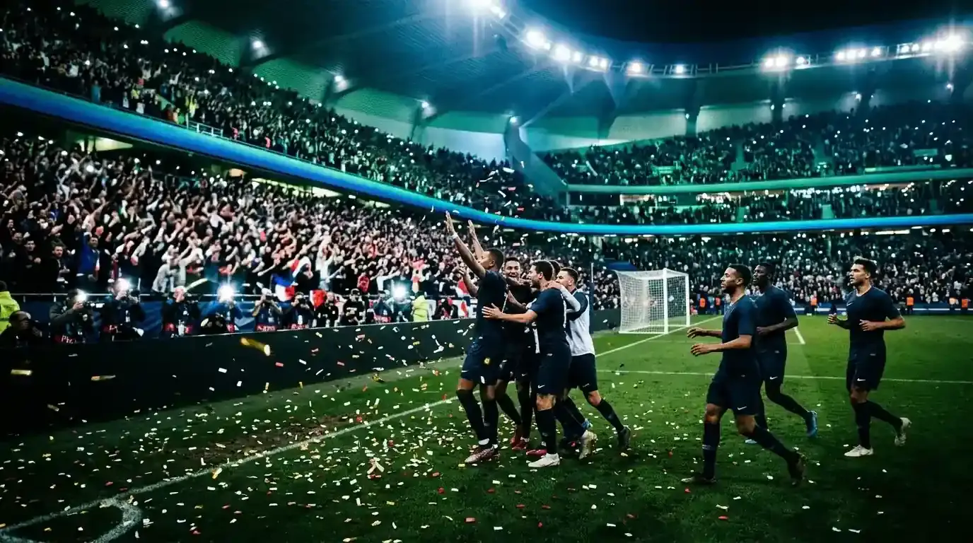 Ambiance nocturne dans un stade de la Coupe du Monde 2026 au moment d'un but décisif