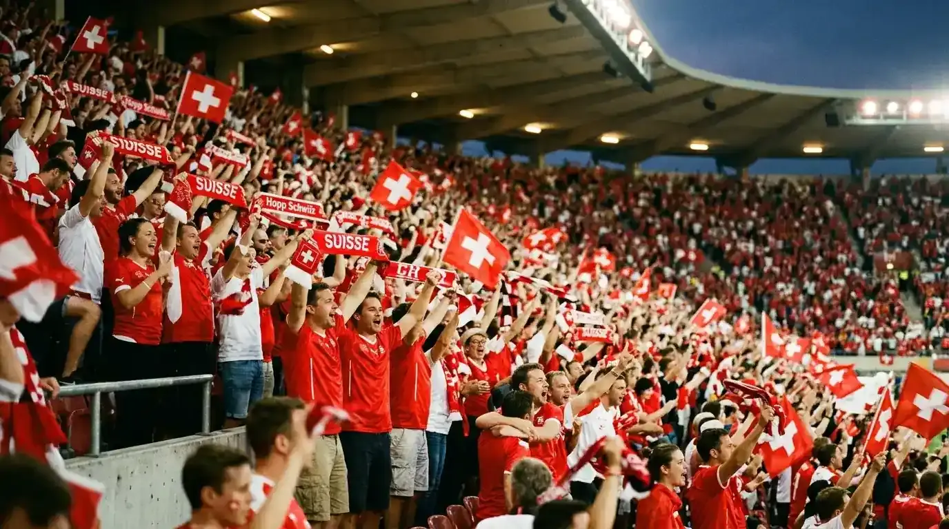 Supporters suisses en rouge et blanc dans les tribunes d'un stade du Mondial 2026