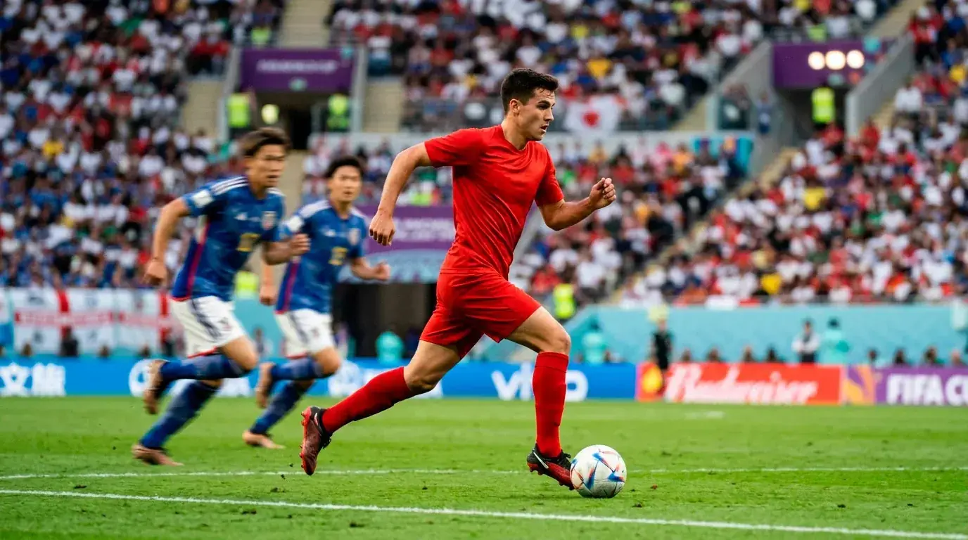 Jeune milieu de terrain à la conduite de balle lors d'un match du Mondial 2026