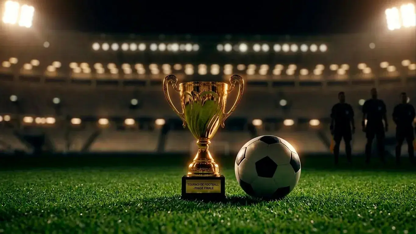 Trophée et ballon sous les projecteurs d'un stade avant une phase à élimination directe
