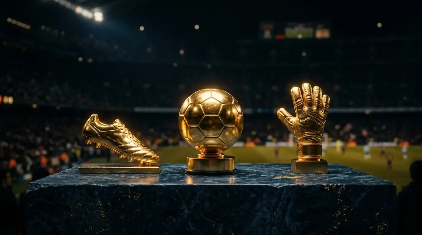 Trophées individuels de football éclairés par des projecteurs dans une arène sombre